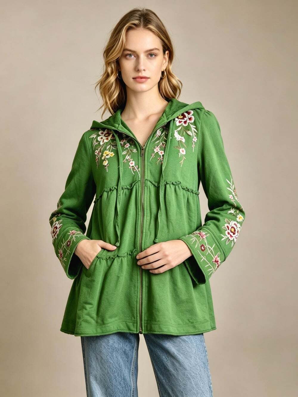 NWT Johnny Was Floral Embroidered Full Zip Tiered Hoodie Sweatshirt Green Size S